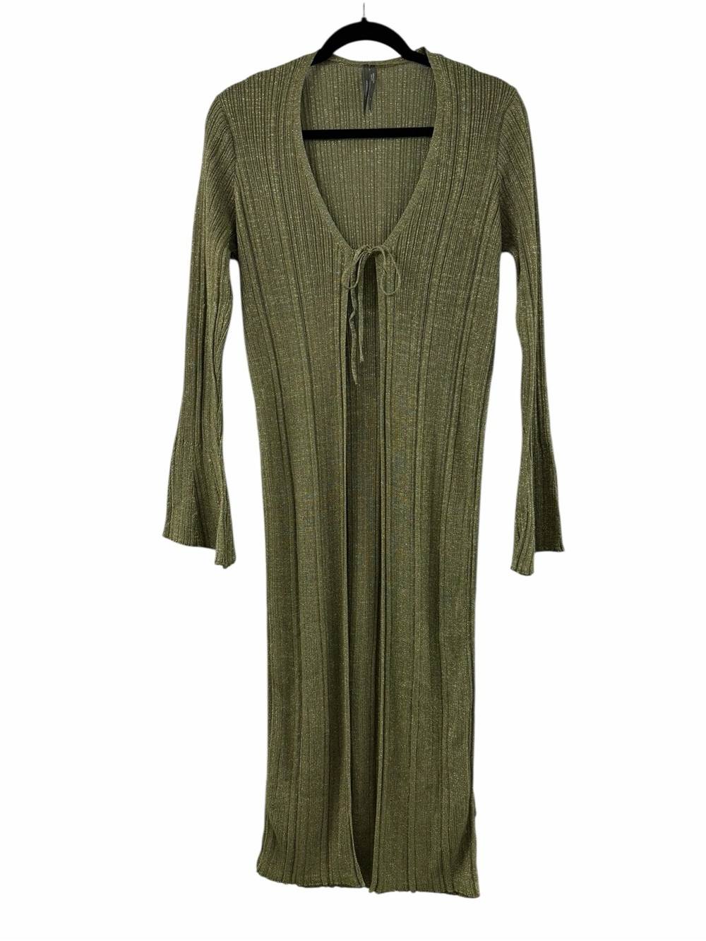 Anthropologie Olive Ribbed Metallic-Thread Duster Cardigan